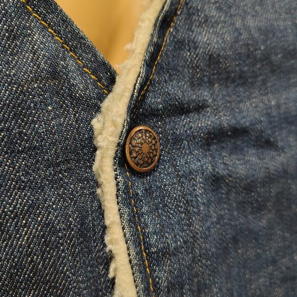 1960s Blue Denim Western Sherpa Vest Seams Brass Snaps Closure Pockets Size Med - Picture 5 of 9